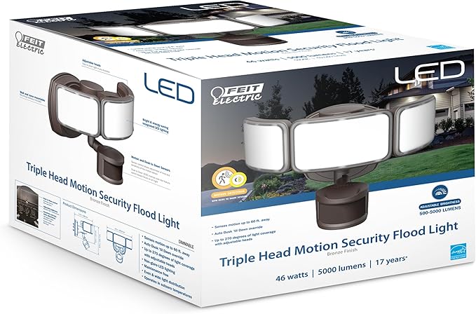 Feit Electric LED Security Light with Motion Sensor and Dusk to Dawn, Outdoor 46W Flood Light, Adjustable 3 Head, Wall Mount, 5000 Lumens, 5000k Daylight, Hardwired, Black S10.5TFL/850/MOT/BZ