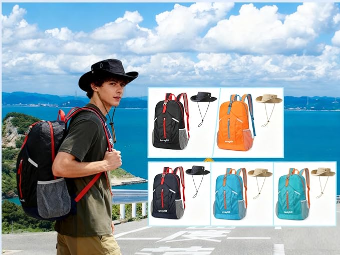 levayhill 25L Foldable Backpack & Bucket Hat 2 IN1 Combo, Lightweight packable Travel Set, Compact Daypack Sun Fisherman Hat (Lake Blue)
