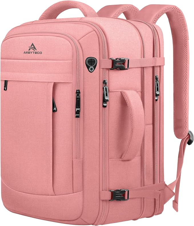 AREYTECO Travel Laptop Backpack for Women, 50L Expandable Extra Large Backpack,Carry On Backpack, Water Resistant Big Bag Anti-Theft Business Daypack Fits 17 Inch Laptop, Pink
