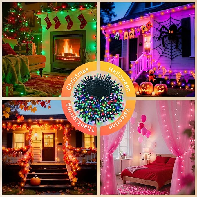 LitHome 33Ft 100 LED Color Changing Christmas String Lights, 35 Colors 9 Modes Red White and Blue Lights Outdoor with Remote, 4th of July String Light Plug in Green Wire for Independence Day Xmas Tree