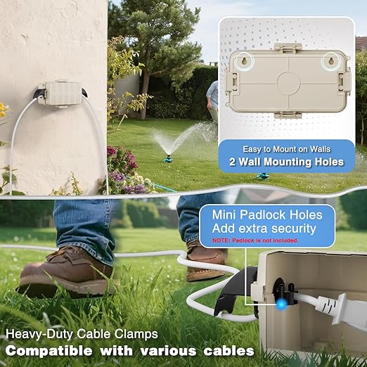 FLEMOON [2 Pack] IP55 Outdoor Electrical Box Waterproof with Detachable Awning Covers, 8.3 x 4.1 x 3.7 inch Weatherproof Extension Cord Cover, Easy Installation for Outdoor Plug, String Lights, Almond