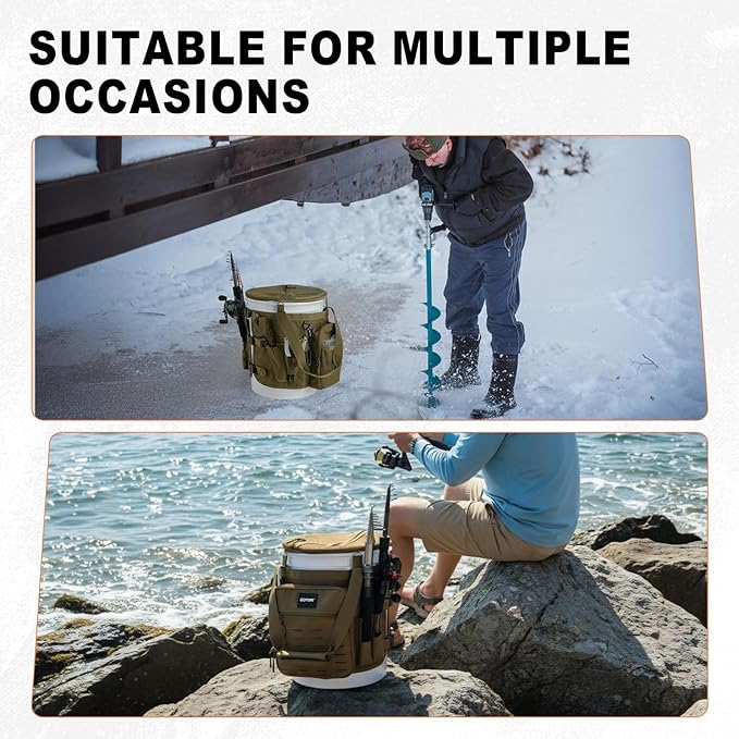 Goture Fishing Bucket Organizer for 5 Gallon Bucket, Heavy-Duty Waterproof Tackle Bag with 15+ Pockets, Ice Auger Holster & Secure Lock Straps for Ice Fishing Gear (Khaki, No Bucket)