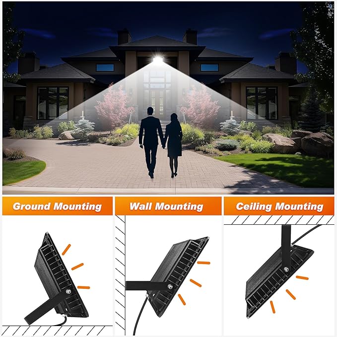100W LED Flood Light Outdoor, 2Pack 10000LM Super Bright, IP66 Waterproof Outside Work Lights, 6500K Daylight White Security Lights, Plug in Flood Light for Yard Garage Garden Patio