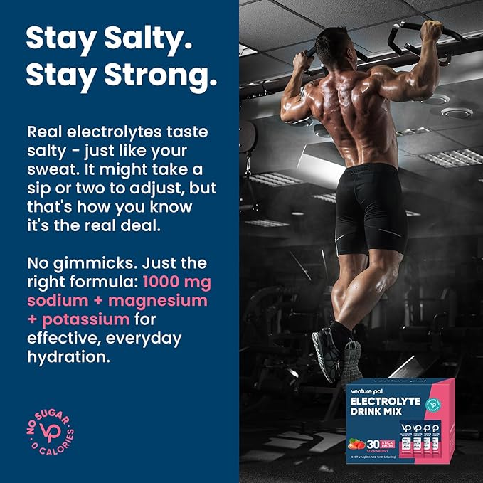 Venture Pal High Sodium Sugar Free Electrolytes Powder Packet - Hydration Packets with Vitamin, Sodium & Potassium | Zero Calories | Vegan, Keto & Paleo Friendly Electrolyte Drink Mix - 30 Sticks