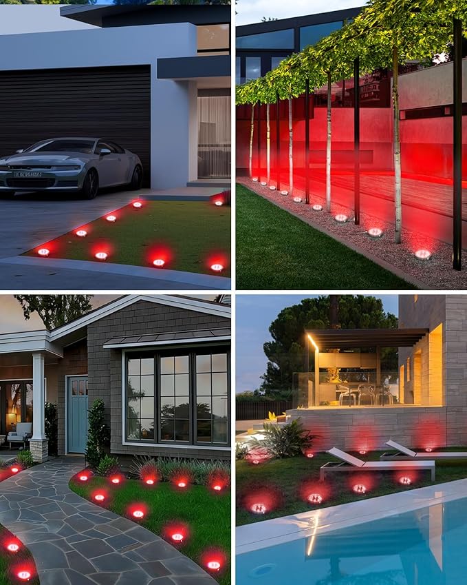 btfarm 16 Pack Solar Lights Outdoor, 8 LED Solar Ground Lights IP65 Waterproof Flat Solar Disc Light, Pathway Lights for Garden Lawn Patio Yard Path Landscape, Red