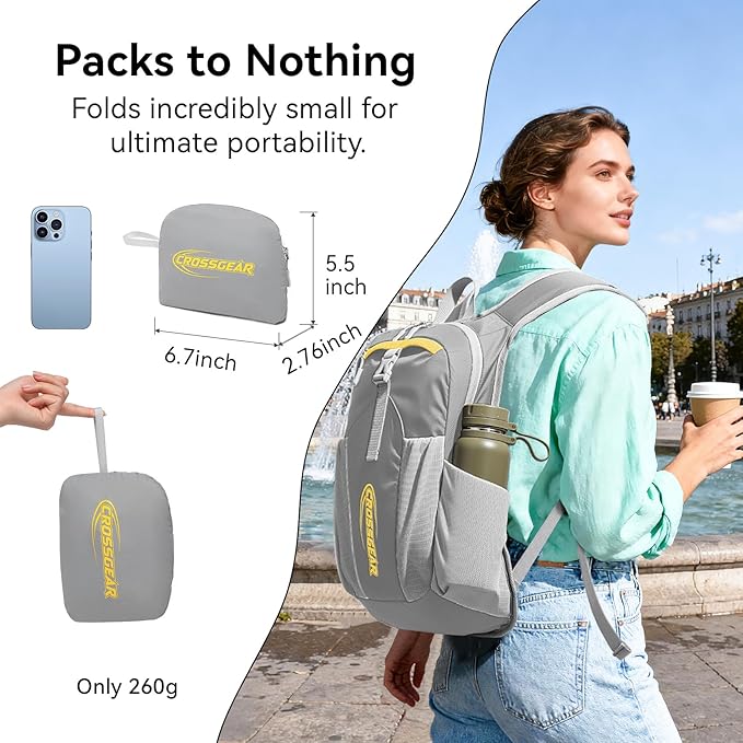 16L Small Hiking Backpack, CROSSGEAR Lightweight Waterproof Foldable Backpack, Travel Camping Outdoor Daypack for Women Men, Gray