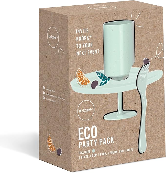 Knork Eco Party Bundle, Appetizer Plate, Party Cup, Party Utensils, 5 Piece Set, Mint