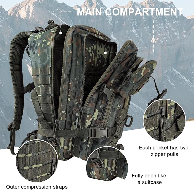 Hannibal Tactical MOLLE Assault Backpack, Tactical Backpack Military Army Camping Rucksack, 3-Day Pack Trip w/USA Flag Patch, D-Rings, Flecktarn
