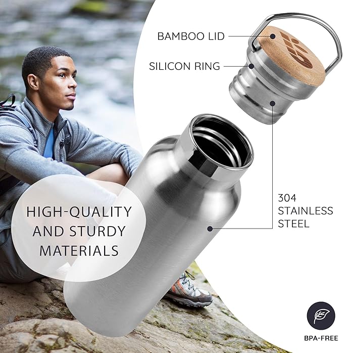 Bambaw 24 oz Metal Water Bottle, Insulated Stainless Steel Water Bottle, Great for Travel, Wide Mouth for Easy Cleaning, Reusable & Durable, Rust-Resistant & Sturdy (Natural Steal)
