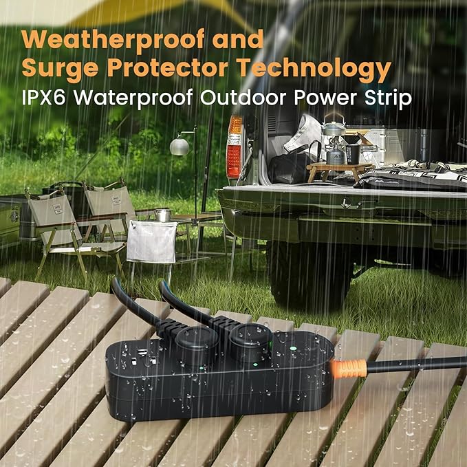 Outdoor Surge Protector Waterproof Power Strip Weatherproof 10 FT Extension Cord Power Strip, 3 AC Outlets, 1625W Overload Protection, for Camping, Home, Office, Garden, FCC UL Listed