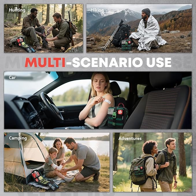 Survival First Aid Kit - IFAK Trauma Kit with Trauma Bandage, Splint, Tourniquet, Wound Care, Bleeding Control - Tactical Molle Pouch for Combat, Camping, Home, Hiking,Travel- Green