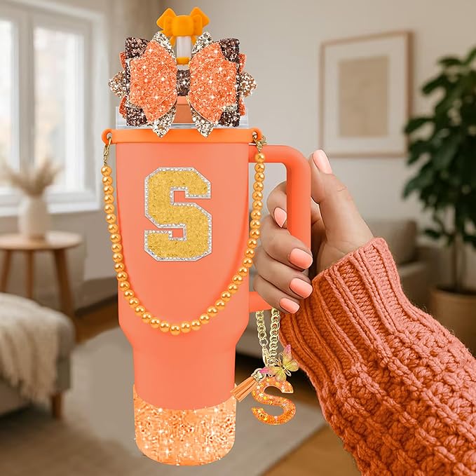 9PCS Orange for Stanley Cup Accessories Set Bling Initials Bow Charms for Stanley Decorations 30/40 Oz Tumbler Accessories Including Bow Straw Topper, Handle Strap, Spill Stopper（Letter S）