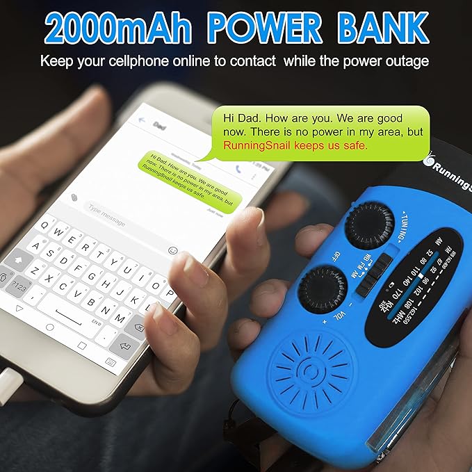 Emergency Hand Crank Radio with LED Flashlight for Emergency, AM/FM Portable Weather Radio with 2000mAh Power Bank Phone Charger, USB Charged & Solar Power for Camping, Emergency(Blue)