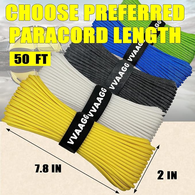 VVAAGG 1000 Paracord Rope, 50ft 12 Strand Parachute Cord for Crafting, DIY Projects, Survival Bracelets, Camping, Tent, Clothsline, Outdoor Hiking, Fishing (Yellow, 50FT)