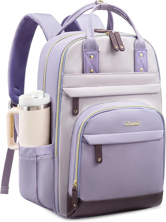 LOVEVOOK Laptop Backpack for Women with Giant Tumbler Holder,15.6 inch School College Book Bag Nurse Teacher Backpack,Work Travel Backpack Purse Laptop Computer Bag, Taro purple-Light purple-Purple