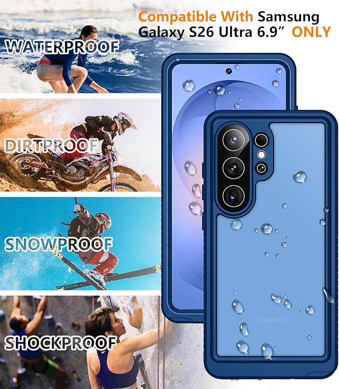 Temdan Designed for Samsung Galaxy S26 Ultra Case Waterproof, Built-in Lens & Screen Protector Military Grade Shockproof Dropproof IP68 Underwater Full Body Phone Case for Galaxy S26 Ultra 6.9"-Blue