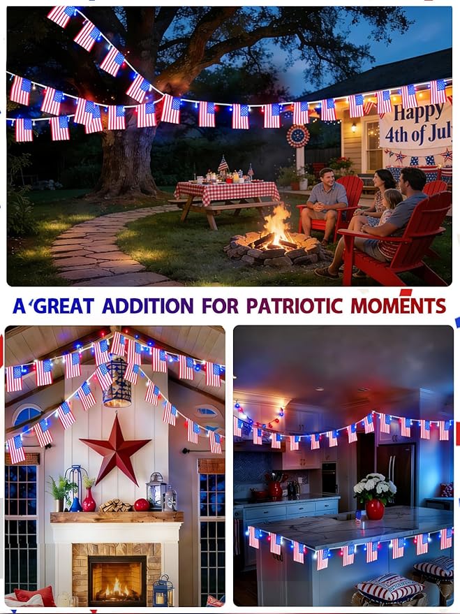 4th of July Patriotic Lights, 2PK 48FT 100LED Red White Blue String Lights with 50 American Flags, Battery Operated Waterproof 8 Modes & Remote & Timer for 250th Anniversary Independence Day Decor