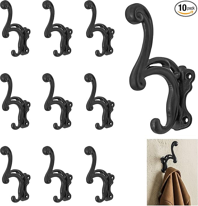 Mystic Colonial Rustic Cast Iron Wall Hooks, Heavy Duty Coat Hooks for Coat, Bag, Towel, Hat & Robe, Mounting Hardware Included, Black, Pack of 10