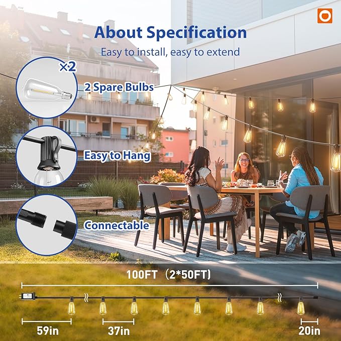 addlon 100FT LED Outdoor String Lights with APP Control Waterproof Patio Lights with Shatterproof ST38 Bulbs, Dimmable Outside Hanging Light Connectable for Porch, Backyard, Bristo, Garden