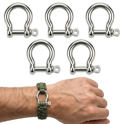 Silver 5/32" Bow Shackle, 5 Pack with Tool, 1433lbs D-Ring Shackle Clasp, Small Stainless Style Anchor Shackle for Paracord Bracelet, Survival Gear