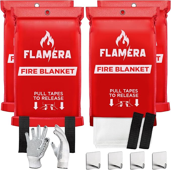 Emergency Fire Blanket for Home and Kitchen (4-Pack) Fireproof and Fire Suppression Blanket | 40"x40" Fiberglass Fire Blankets for Home Safety, Camping, and Office - Fire Retardant Blankets for Fires