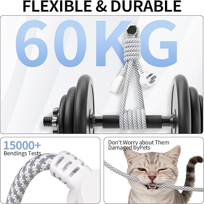 16 Gauge Braided Extension Cord 15 FT, 16/3 Flat Plug Power Cord Indoor, 3 Prong White Extension Cable Flexible for Home Dorm Room Essentials, 13A 125V 1625W, ETL Listed
