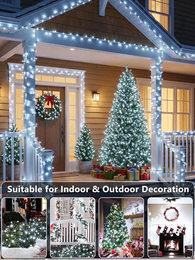 Upgraded 99FT 300 LED Christmas Lights Outdoor & Indoor, Memory Function & Timer & 8 Modes, Mini Green Wire Waterproof Fairy Lights for Christmas Tree Holiday Party Garden Decorations (Cool White)