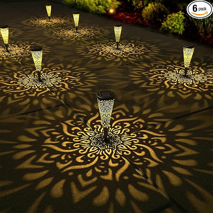 gardencave 6 Pack Solar Lights Outdoor Garden Decorative Mandala Solar Garden Lights with Warm Light Waterproof Solar Pathway Landscape Lights for Path Patio Backyard Walkway Yard Lawn Decor (Black)