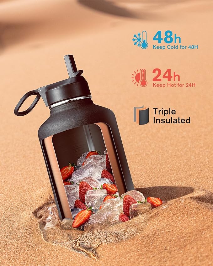 Half Gallon Insulated Water Bottle with Straw & 3 Lids, Coolflask 64 oz Water Jug Large Metal Stainless Steel Wide Mouth for Sports, Gym or Office, Non-BPA Keep Cold 48H Hot 24H, Piano Night
