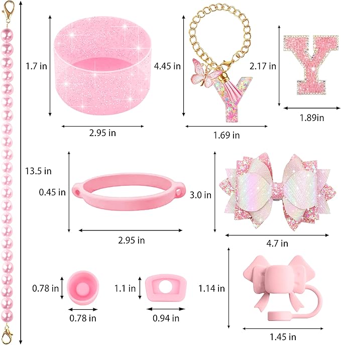 9PCS Pink for Stanley Cup Accessories Set Bling Initials Bow Charms for Stanley Decorations 30/40 Oz Tumbler Accessories Including Bow Straw Topper, Handle Strap, Spill Stopper（Letter Y）