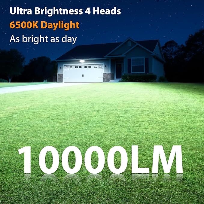 Abovizo 90W Flood Lights Outdoor, 10000LM Dusk to Dawn Outdoor Lighting, IP65 Waterproof, 6500K Daylight, 4 Heads LED Security Light for Garage, Yard, Porch (Black)
