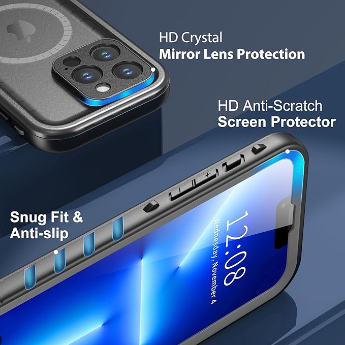 SPORTLINK for iPhone 13 Pro Case Waterproof - Buit in Screen Protector [Compatible with MagSafe][IP68 Underwater][6.6FT Military Dropproof][Dustproof] Full Body Shockproof Case 6.1" Black