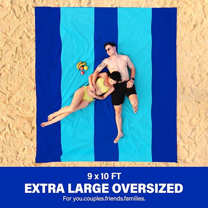 Famstar Beach Blanket Oversized Extra Large 10'X 9',Waterproof Sandproof Beach Blanket 2-8 Adults Lightweight Durable for Travel Camping Hiking Picnic (10'X 9', Blue2)
