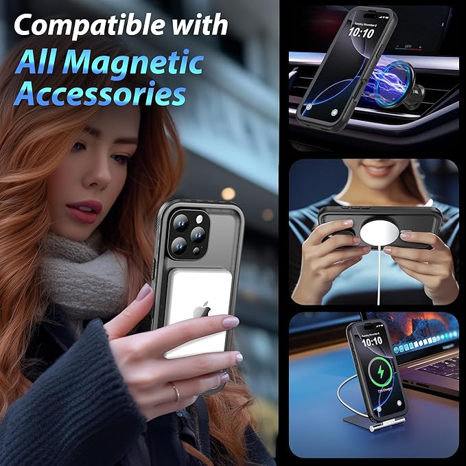 SPORTLINK for iPhone 16 Pro Waterproof Case - Shockproof Dustproof Case with Built-in Clear Screen Protector, Full Body Heavy Duty Sealed Protective Cover for i Phone 16 Pro 6.3" Mag/Black