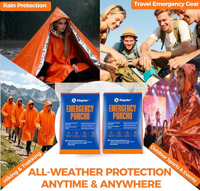 K Kingstar 2 Pack Emergency Mylar Poncho, Waterproof Rain Ponchos, Reusable Packable Ponchos, Survival Blanket Poncho for Outdoor Camping & Hiking, Rescue, Car Emergency Kit, Shelter/Tent Cover