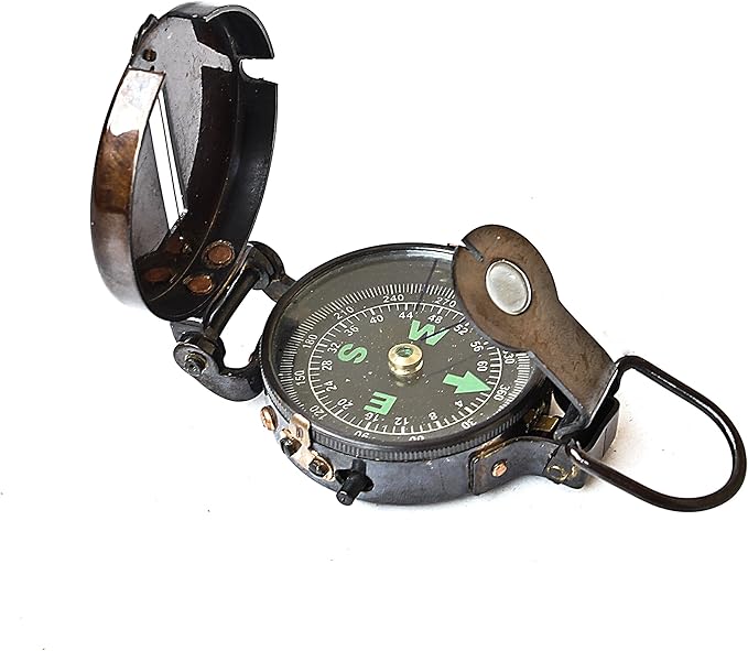 Vintage Lensatic Compass Black Military Compass Navigational Device Nautical Antique Brass Functional Camping Boating Home Decor