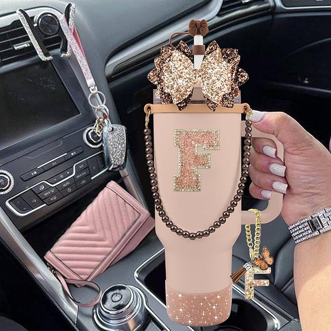 9PCS Brown for Stanley Cup Accessories Set Bling Initials Bow Charms for Stanley Decorations 30/40 Oz Tumbler Accessories Including Bow Straw Topper, Handle Strap, Spill Stopper（Letter F）