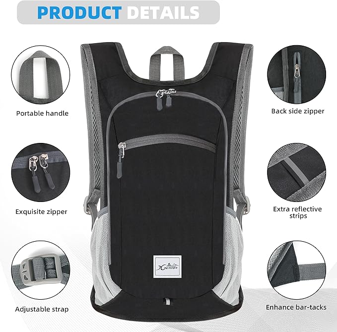 Xgunion Hiking Backpack 10L Small Travel Lightweight Daypack Foldable Hiking Packable Camping Hiking Backpacks for Women Men (Black)