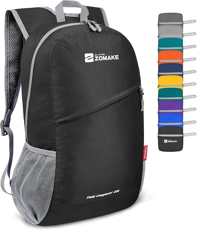 ZOMAKE Lightweight Packable Backpack, Foldable Backpacks Small Daypack for Hiking Water Resistant Day Bag for Travel(Black)