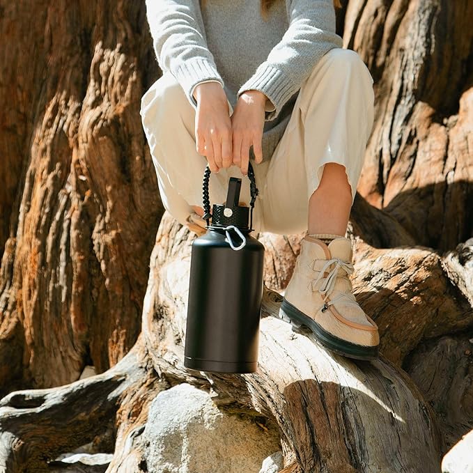 Insulated Water Bottle 64oz,Triple Wall Vacuum Stainless Steel(Dishwasher Safe),Leak Proof & Non-BPA,Flask Jug with Paracord Handle & Straw Spout Lids Sports Red