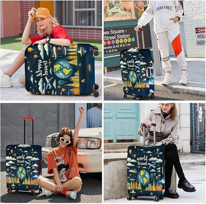 ANNA QUEEN World Travel Luggage Cover, Adventure Theme Suitcase Protector, Stretchable Washable Cover for 32-34 Inch Luggage