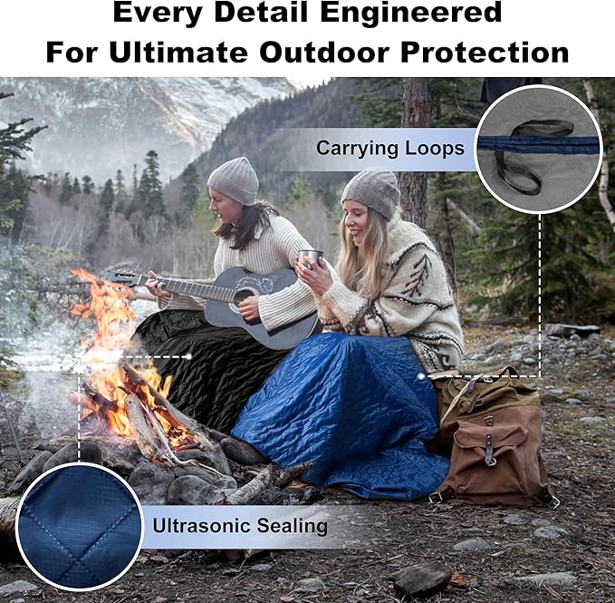 Waterproof Outdoor Blanket 92”X 60” Packable, Stadium Blankets for Camping with Sherpa Fleece Lining, Large Windproof Emergency Throw Mat for Garss Picnic Hiking Road Trip, Machine Washable, Black