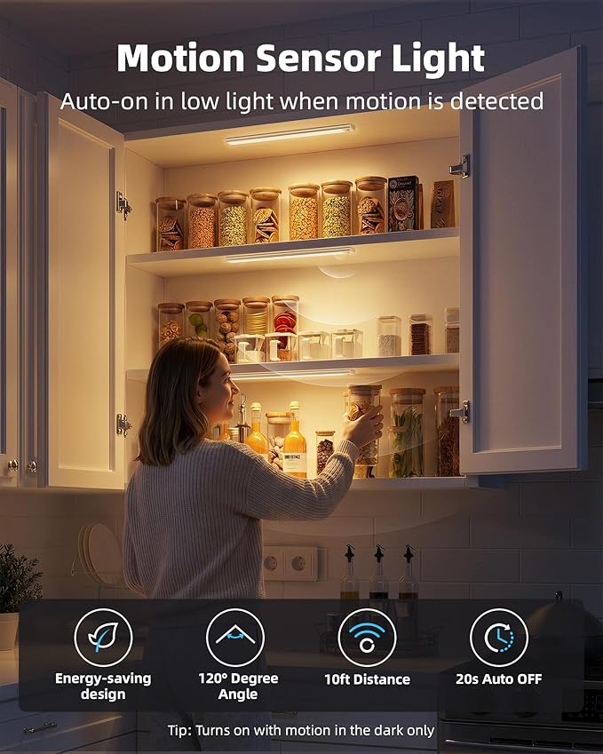 Under Cabinet Lighting Wireless, Rechargeable Battery Motion Sensor Light Indoor, LED Closet Lights USB Charging, 3 Color Dimmable Under Cabinet Lights for Kitchen, Cabinet, Wardrobe (3 Pcs) 16inch