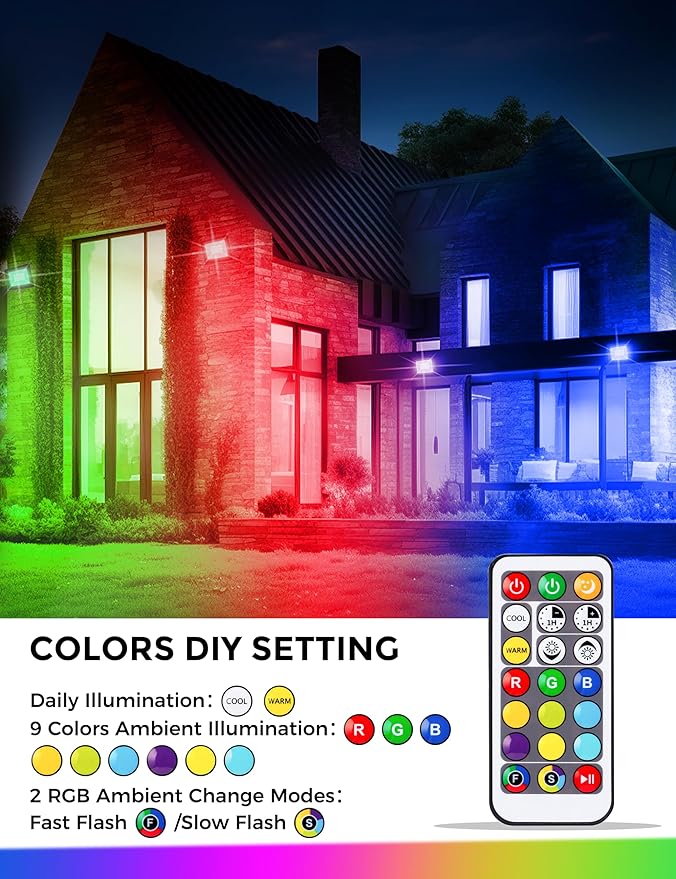 L LOHAS LED RGB LED Flood Light Outdoor, 25W DIY Color Changing Party Lights with Remote, Auto ON/OFF Yard Light, IP66 Waterproof Landscape Floor Strobe Light, 9.84FT cord Uplights for Christmas 2Pack