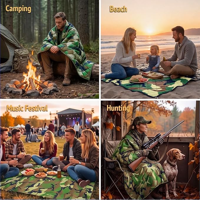 Insulated Camping Blanket | Military Poncho Liner for Hiking Backpacking Travel Hunting & Survival Gear, Water Resistant Outdoor Blanket with Lightweight & Packable Compression Bag (Forest)