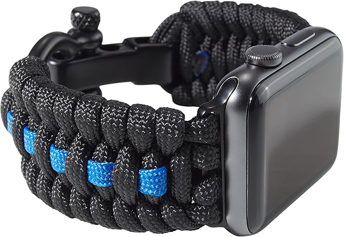 Savior Survival Gear Paracord Watch Band, Compatible with Apple Watch Band 49mm 46mm 45mm 44mm 42mm, iWatch Band Series Ultra 10 9 8 7 6 5 4 3 2 1 SE, Adjustable strap for men ( Black & Blue, X-Large)