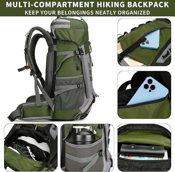 75L Hiking Backpack with Rain Cover Waterproof Camping Backpack Shoes Warehouse for Men Women, Frameless