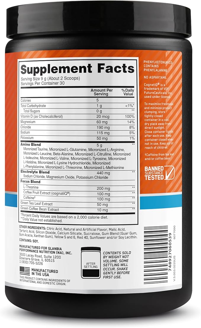 Optimum Nutrition Amino Energy Powder Plus Hydration, with BCAA, Electrolytes, and Caffeine, Tangerine Wave, 30 Servings (Packaging May Vary)