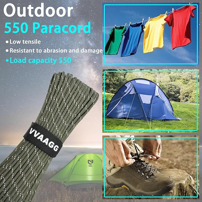 VVAAGG Reflective Paracord Rope 100FT, 7 Strand Nylon para Cord Lanyard Utility 550 Parachute Cord, 4mm Thin Tent Rope for Outdoor Camping Hiking