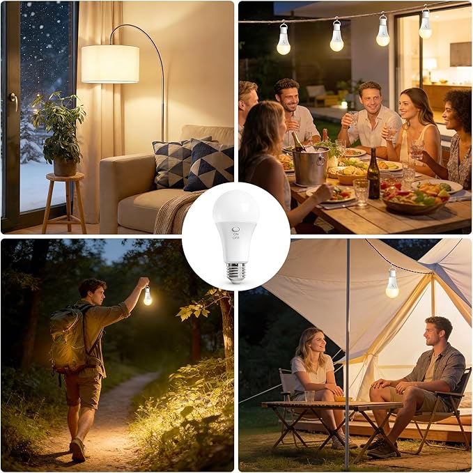 Kimjo 4 Pack Rechargeable Light Bulbs with Remote, Keep Lighting During Power Outage, 2600mAh Emergency Battery Operated Light Bulb with 3 Colors, Dimmable for Home, Camping, Tent (E26, with Hook)